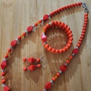 Hand Crafted Beaded Necklace Wrap Bracelet Earrings Set Orange with Silver Caps